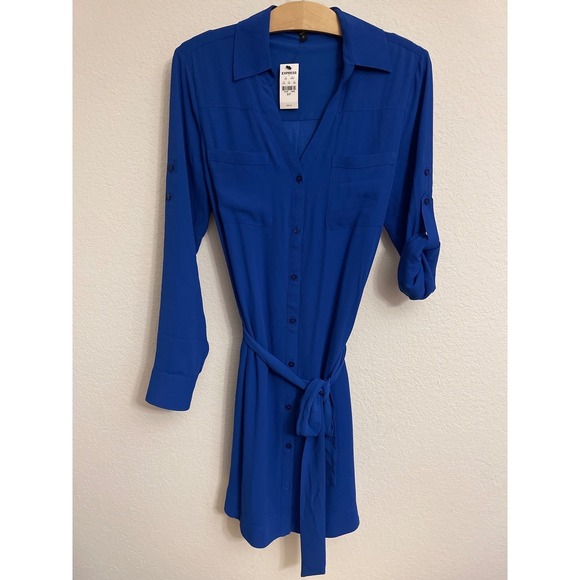 Express Dresses & Skirts - NWT Express Shirt Dress Roll Tab Sleeve Belted Blue Size Small